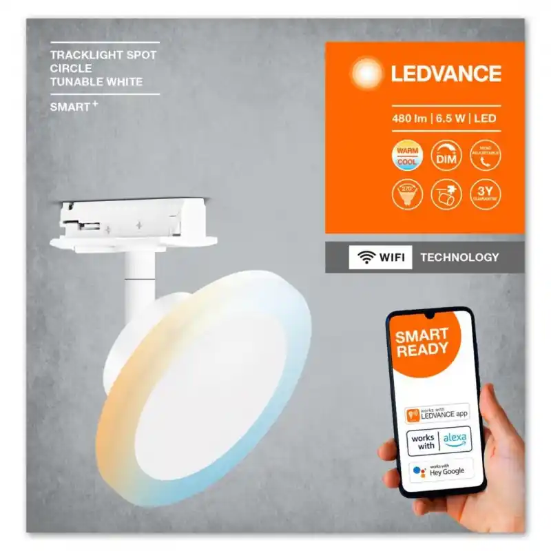 Promoție Spot LED inteligent pe sina Ledvance Smart+ WiFi TRACKLIGHT SPOT CIRCLE, 6.5W, 480 lm, lumina alba (3000-6500K), dimabila, IP20,