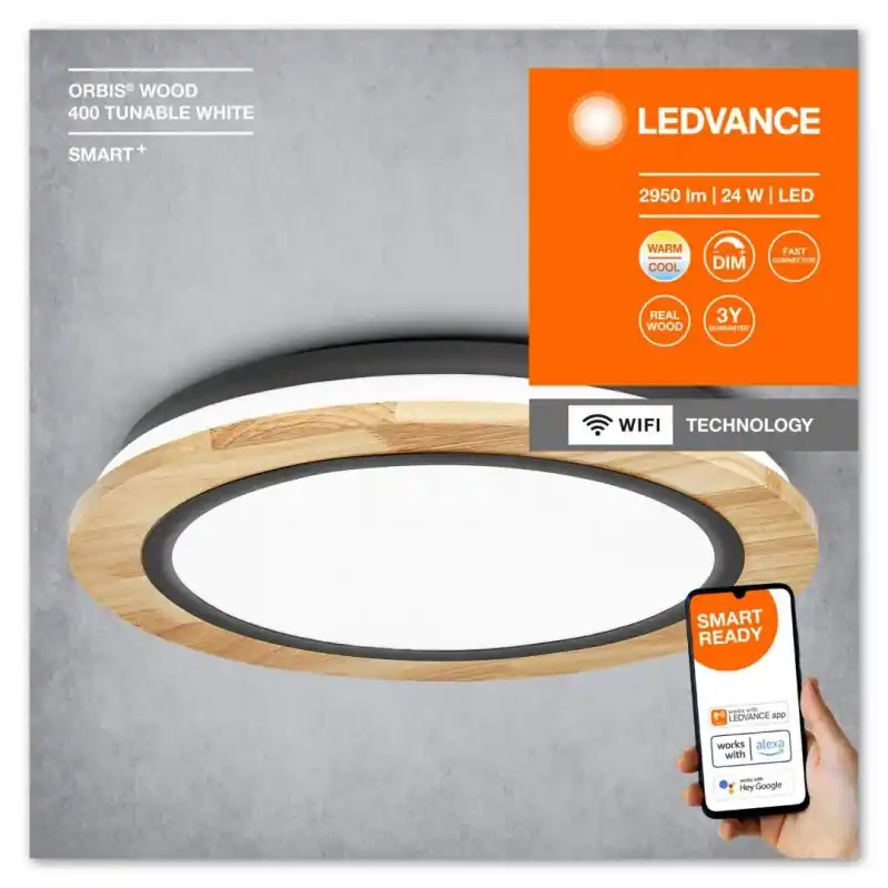 Nu rata Plafoniera LED inteligenta Ledvance Smart+ WiFi ORBIS WOOD, 24W, 2950 lm, lumina alba (2700-6500K), dimabila, IP20, Ø400x75mm, L
