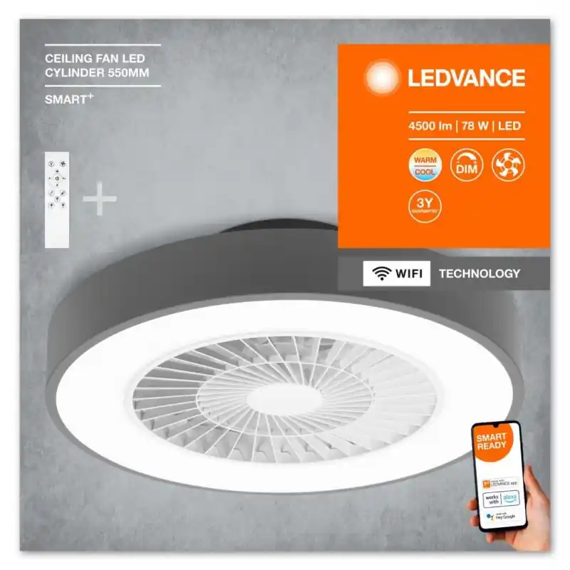 Plafoniera LED inteligenta cu ventilator Ledvance Smart+ WiFi CEILING FAN cu Telecomanda, 78W, 4500 lm, lumina alba (3000-6500K) Popular