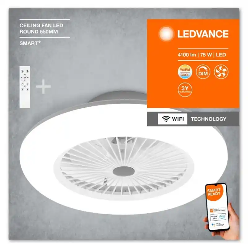 Plafoniera LED inteligenta cu ventilator Ledvance Smart+ WiFi CEILING FAN cu Telecomanda, 75W, 4100 lm, lumina alba (3000-6500K) Doar azi