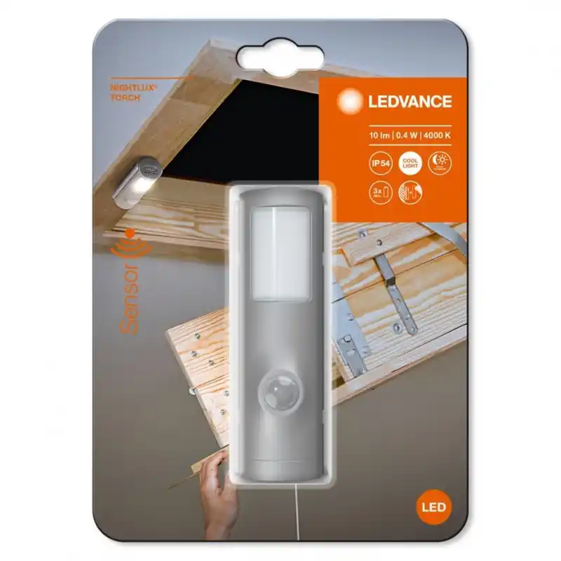 Mini lanterna LED Ledvance NIGHTLUX Torch cu senzor de miscare si lumina, 0.4W, 10 lm, lumina neutra (4000K), IP54, 3xAAA, Gri Nu rata