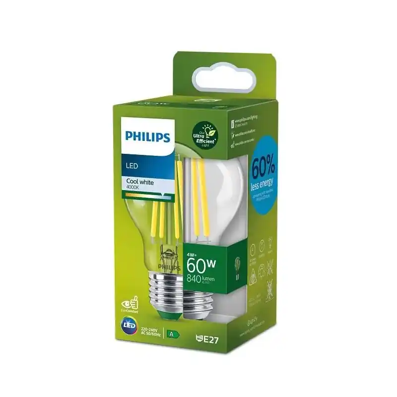 Bec LED Philips Classic A60, Ultra Efficient Light, E27, 4W (60W), 840 lm, lumina neutra (4000K) Comandă acum