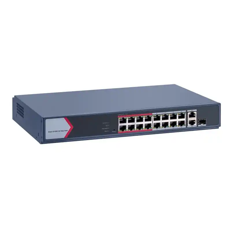 Switch PoE Hikvision DS-3E1318P-EI/M: 16 × 10/100 Mbps PoE port,1 × Gigabit combo,1 × Gigabit RJ45 port, 16 porturi PoE maxim 30 Doar azi