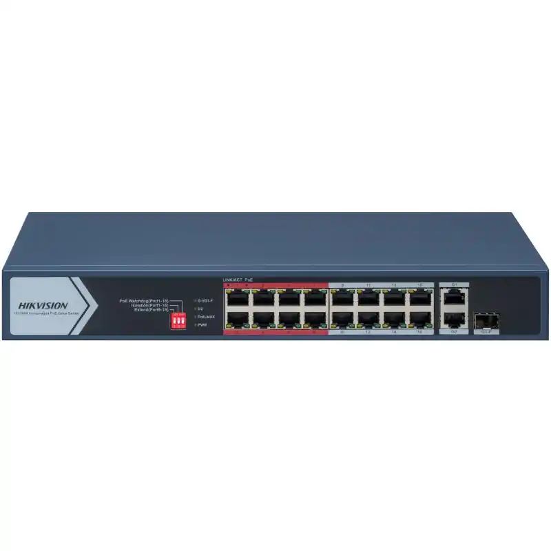 Cumpără online Switch PoE Hikvision DS-3E0318P-E/M(C): 16 × 10/100 Mbps PoE port,1× Gigabit RJ45 port,1 × Gigabit combo, 16 porturi PoE maxim 3