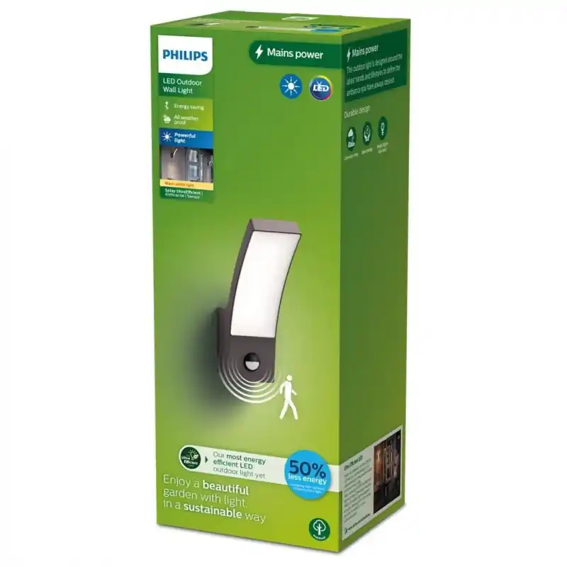 Aplica LED pentru exterior cu senzor de miscare Philips SPLAY, 3.8W, 800 lm, lumina calda (2700K), IP44, 240x160x80mm, Antracit Reducere specială