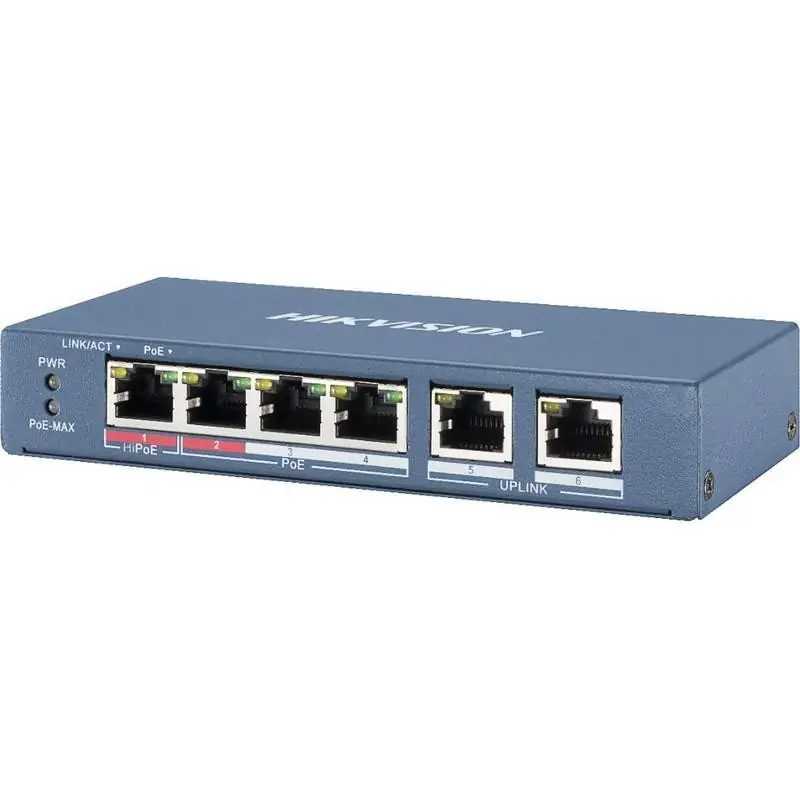 Switch 4 porturi PoE Hikvision DS-3E1106HP-EI 4 × 100 Mbps PoE RJ45 ports, 2 × 100 Mbps network RJ45 ports,IEEE 802.3at/af/bt st Calitate înaltă