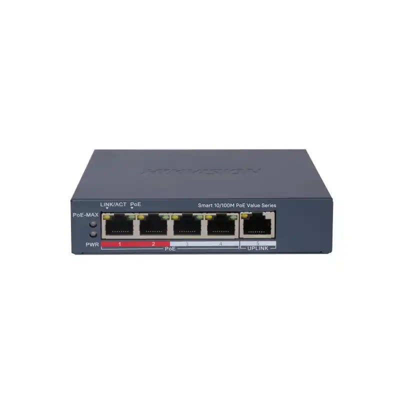 Plată securizată Switch PoE Hikvision DS-3E1105P-EI/M: 4 × 10/100 Mbps PoE port,1 × 10/100 Mbps RJ45 port, 4 porturi PoE maxim 30W,buget PoE 45