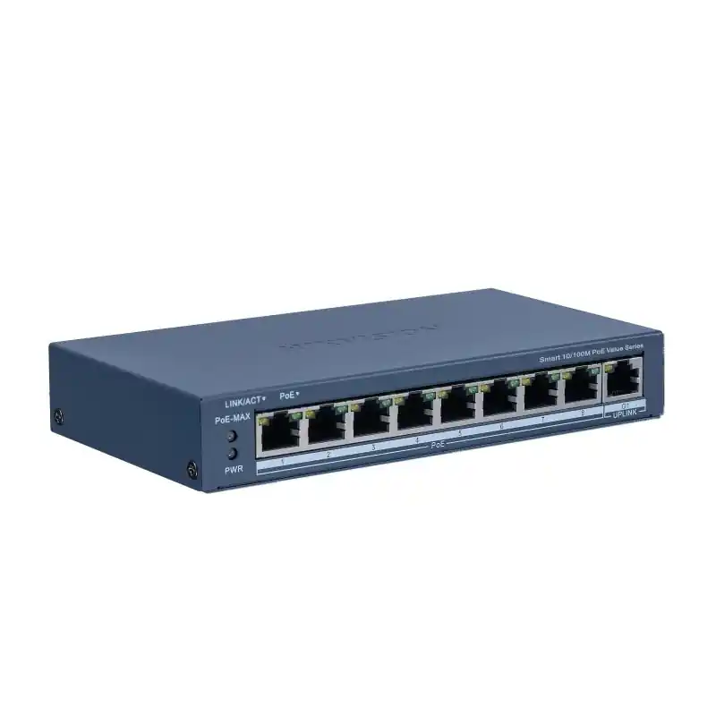 Vezi acum Switch PoE Hikvision DS-3E1309P-EI/M: 8 × 10/100 Mbps PoE port, 1 × Gigabit RJ45 port, 8 porturi PoE maxim 30W, buget PoE 60W, t