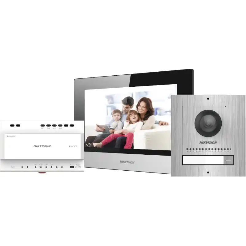 Calitate înaltă Kit videointercom IP Hikvision DS-KIS702/S, contine: DS-KD8003- IME2/Surface ×1, DS-KH6320-WTE2 ×1, DS-KAD704 ×1, DS-KAW30-2N ×1