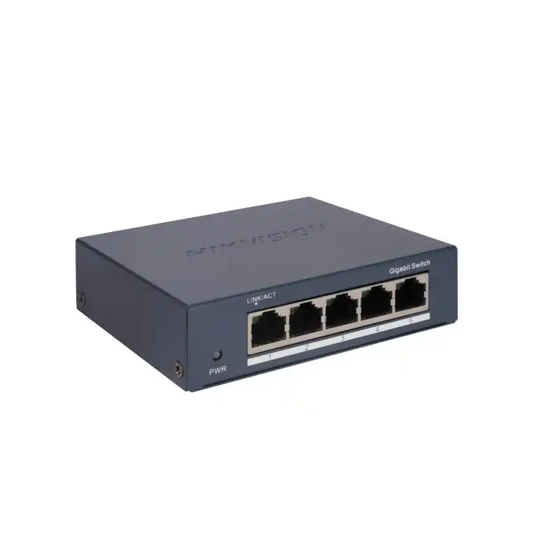 Reducere Switch Hikvision DS-3E0505-O: 5 × Gigabit RJ45 ports, 10 Gbps, 1000M network access, alimentare: 5VDC, 0.6A, dimensiuni: 105.00