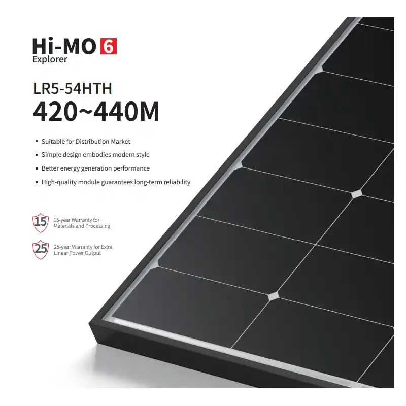 Preț redus Panou Solar Fotovoltaic Monocristalin Longi Hi-MO6 Explorer LR5-54HTH-440M Black Frame, max. 1500V, lungime cablu 1200mm, conect