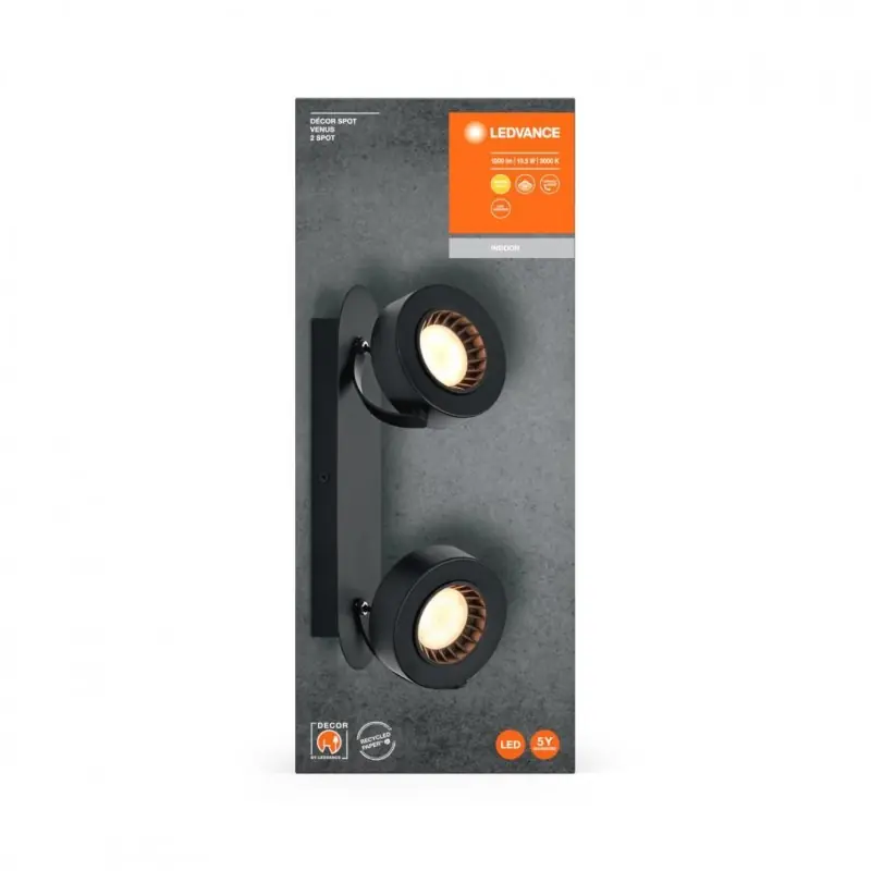 Plată securizată Spot LED dublu ajustabil Ledvance DECOR VENUS, 10.5W, 1000 lm, lumina calda (3000K), IP20, 300mm, Negru, clasa energetica F