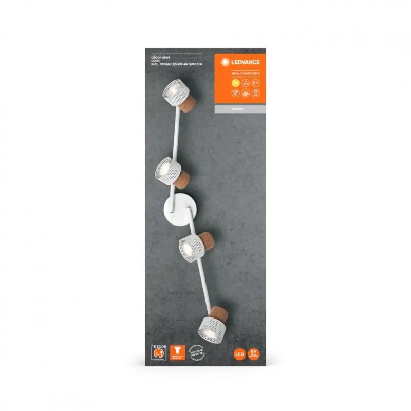 Plată sigură Spot LED cvadruplu ajustabil Ledvance DECOR CORK, 4xGU10, 4x3.4W, 920 lm, lumina calda (2700K), dimabil, IP20, 813mm, Alb, clasa