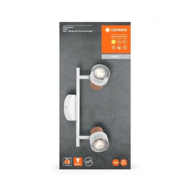 Comandă acum Spot LED dublu ajustabil Ledvance DECOR CORK, 2xGU10, 2x3.4W, 460 lm, lumina calda (2700K), dimabil, IP20, 338mm, Alb, clasa ene