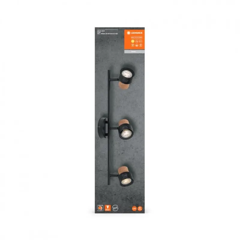 Spot LED triplu ajustabil Ledvance DECOR CORK, 3xGU10, 3x3.4W, 690 lm, lumina calda (2700K), IP20, 577x136x100mm, metal/pluta, N Promoție