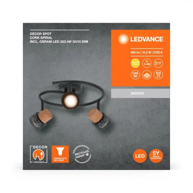 Discount Spot LED triplu ajustabil Ledvance DECOR CORK SPIRAL, 3xGU10, 3x3.4W, 690 lm, lumina calda (2700K), IP20, 318x136x293mm, metal/p