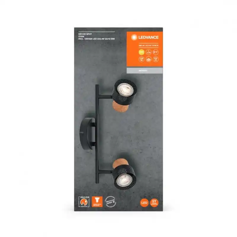 Vezi acum Spot LED dublu ajustabil Ledvance DECOR CORK, 2xGU10, 2x3.4W, 460 lm, lumina calda (2700K), IP20, 338x136x100mm, metal/pluta, Ne