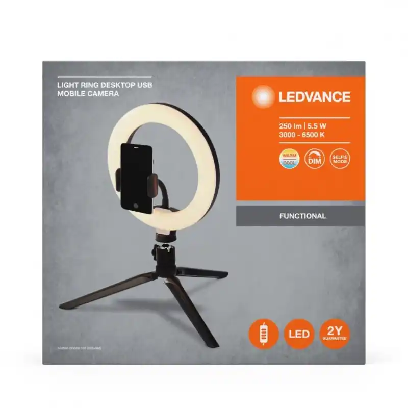 Plată sigură Lampa LED circulara portabila Ledvance Selfie RING, 5.5W, 250 lm, luminaalba (3000-6500K), dimabila, 1xCR2032, telecomanda, IP20