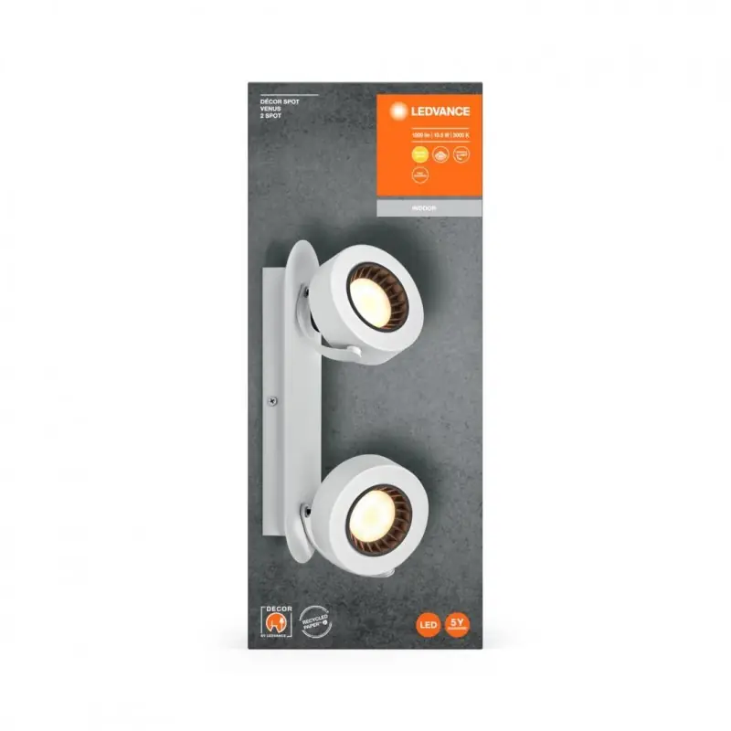 Chilipir Spot LED dublu ajustabil Ledvance DECOR VENUS, 10.5W, 1000 lm, lumina calda (3000K), IP20, 300mm, Alb, clasa energetica F