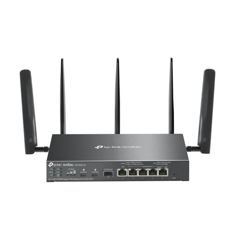 Omada 4G+ Cat6 AX3000 Gigabit VPN Gateway with 4-Port PoE+ PORT: 1× Gigabit SFP WAN/LAN Port, 1× Gigabit RJ45 WAN Port, 4× Gigab Chilipir