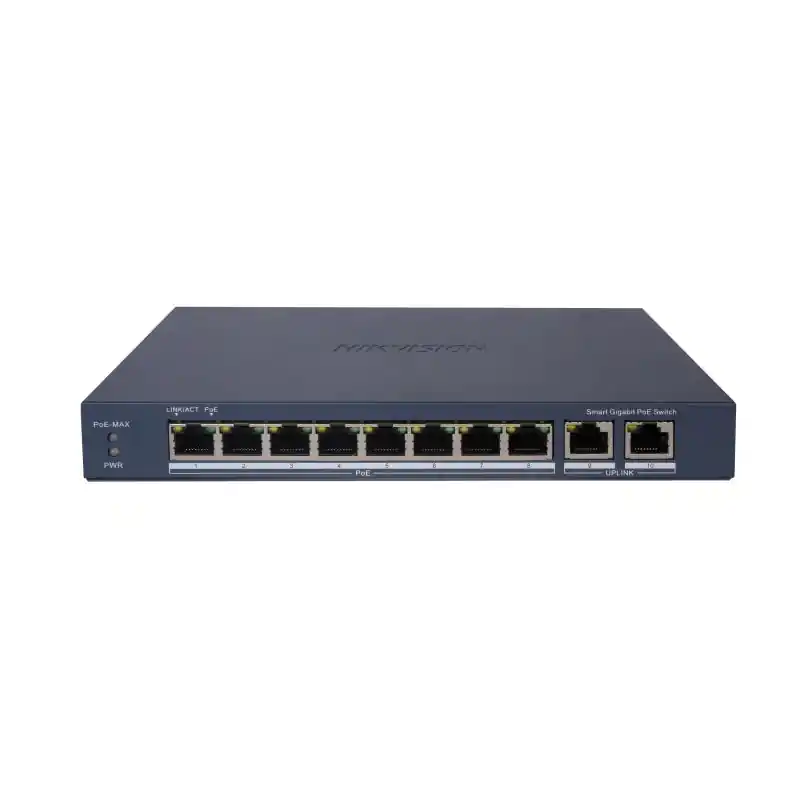 Ofertă limitată Switch PoE Hikvision DS-3E1510P-EI: 8 × Gigabit PoE port, 2 × Gigabit RJ45 port maxim 30W, buget PoE 110W, tensiune alimentare 5