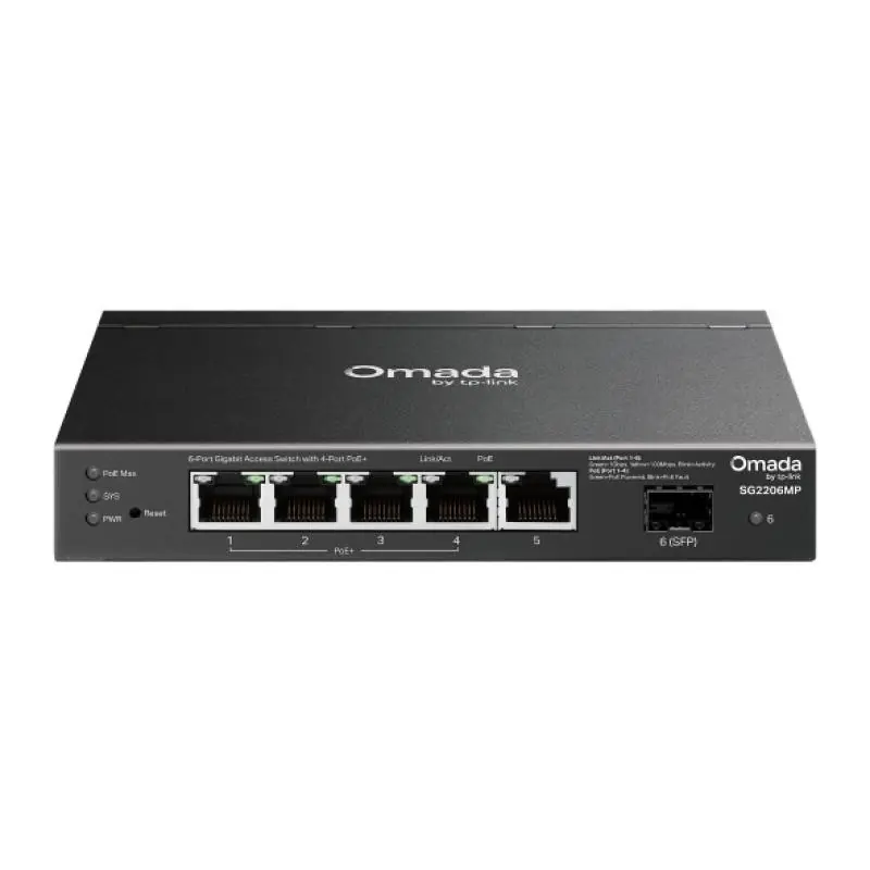 Reduceri Switch Omada Access 6-Port Gigabit, 5× Gigabit RJ45 ports (4× PoE+) and 1× Gigabit SFP slot, 63W total PoE budget pana la 30W pe