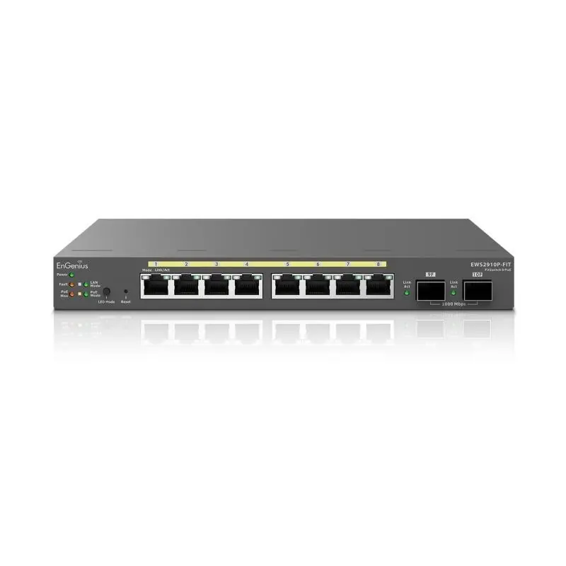 EnGenius Managed / stand-alone Desktop 8-port GbE 55WSwitch (PoE+) with 2x SFP 8-port GbE PoE switch.af/at(+) 55W, 2xSFP Deskt Cel mai vândut