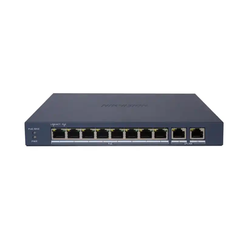 Cel mai bun preț Switch PoE Hikvision DS-3E1510P-EI/M(B): 8 × Gigabit PoE port,2 × Gigabit RJ45 port, 8 porturi PoE maxim 30W, buget PoE 80W, ten