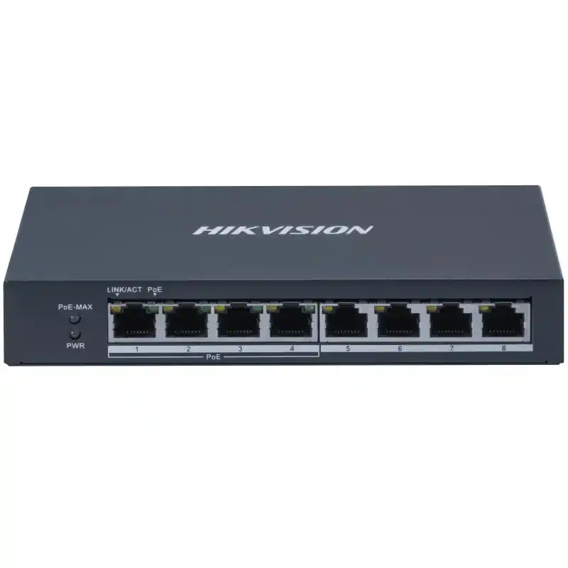 Preț redus Switch PoE Hikvision DS-3E0508P-O: 4 × Gigabit PoE port, 4 × Gigabit RJ45 port, PoE: Ports 1 to 4 maxim 30W, buget PoE 60W, tens