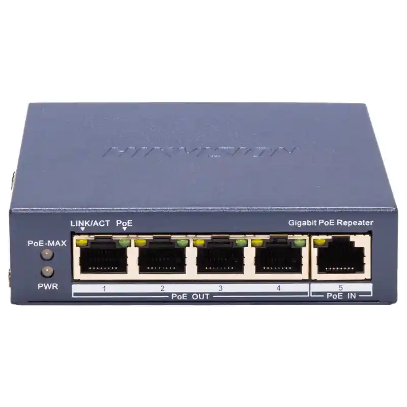 Cumpără acum Repetor PoE Hikvision DS-3E0505P-E/R: 5 × 10/100 Mbps PoE PoE RJ45 port, 4 porturi PoE maxim 30W, buget PoE 60W, dimensiuni: 105