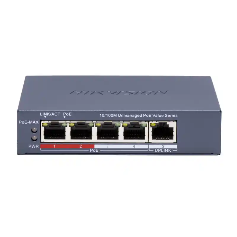 Reduceri Switch POE 4 porturi Hikvision DS-3E0105P-E/M(C), fara management 4 × 10/100 Mbps PoE port,1 × 10/100 Mbps RJ45 port, IEEE 802.3