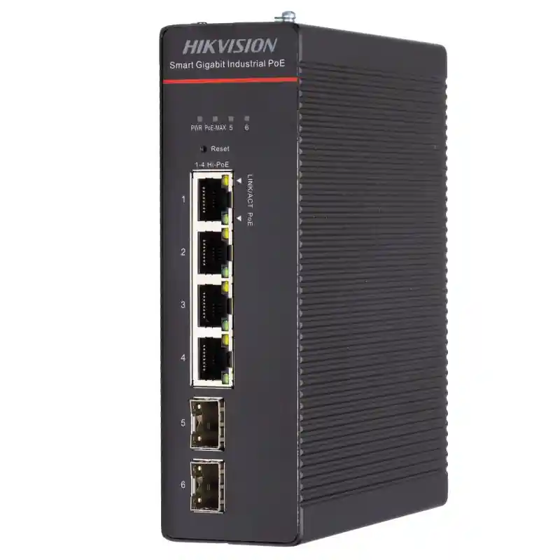 Expediere rapidă Switch PoE Hikvision DS-3T1506HP-SI-4P2F: 4 x Gigabit Hi-PoE RJ45 Ports, 2 × Gigabit SFP Fiber Optical Ports, 4 porturi Hi-PoE m
