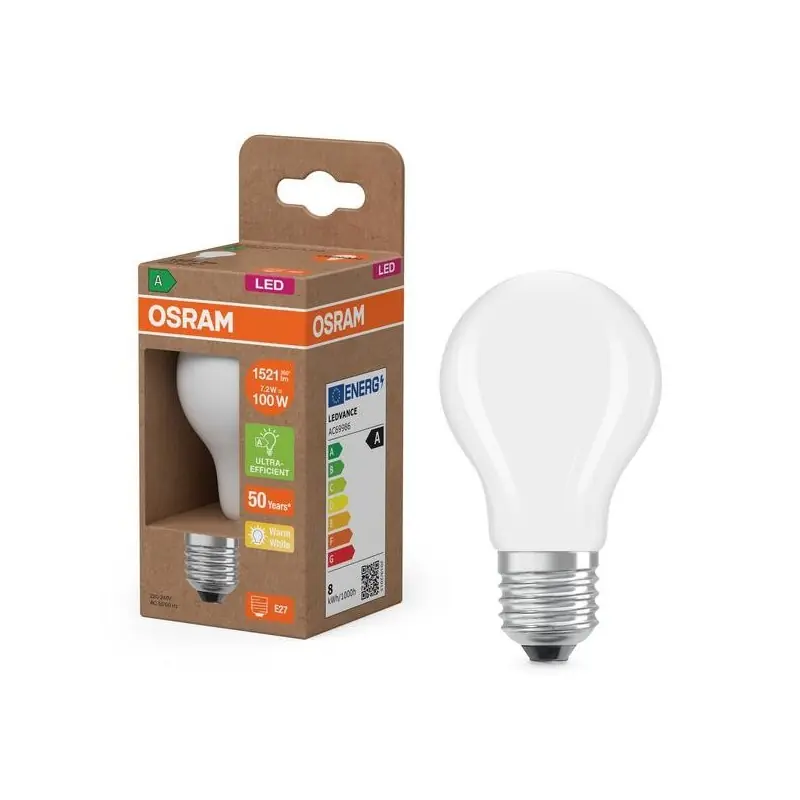 Cel mai vândut Bec LED Osram Classic A60, Ultra Efficient Light, E27, 7.2W (100W), 1521 lm, lumina calda (3000K)