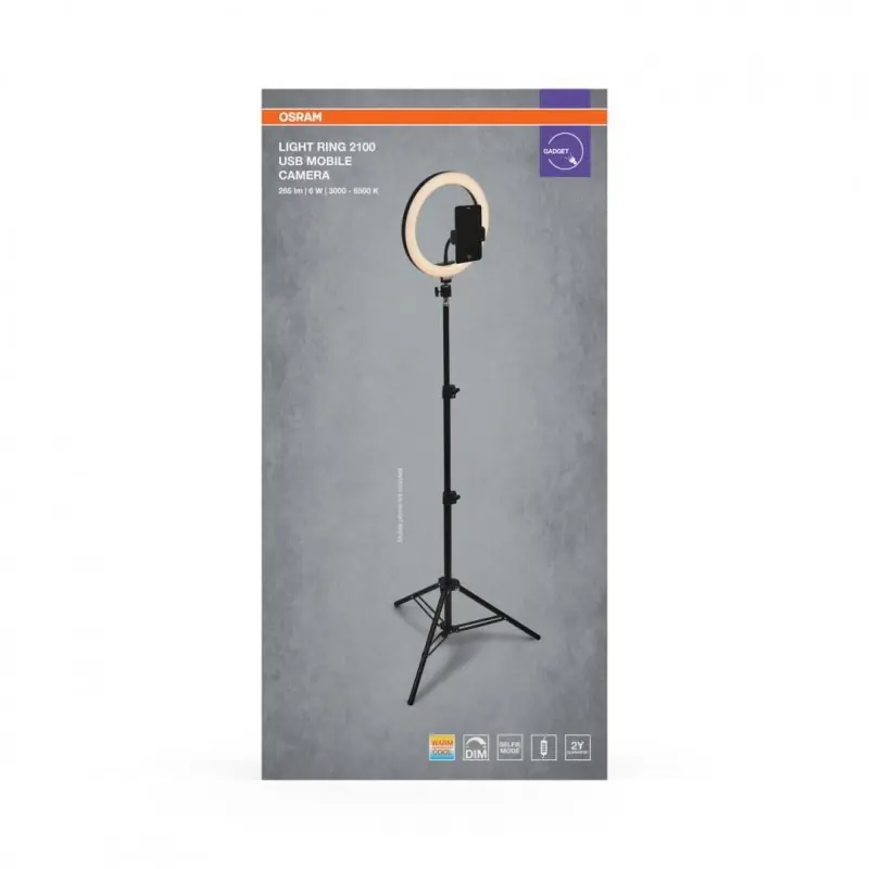 Vezi acum Lampa LED circulara portabila OSRAM Selfie RING cu TREPIED, 6W, 250 lm, lumina alba(3000-6500K), dimabila, 1xCR2032, telecomanda