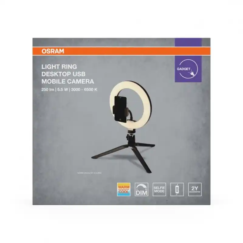 Lampa LED circulara portabila OSRAM Selfie RING, 5.5W, 250 lm, lumina alba(3000-6500K), dimabila, 1xCR2032, telecomanda, IP20, Ø Cumpără acum