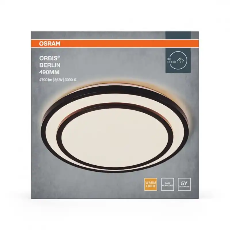 Cumpără online Plafoniera LED OSRAM Orbis Berlin 490, 36W, 4700 lm,lumina calda(3000K), IP20, Ø49cm, metal/plastic, Negru