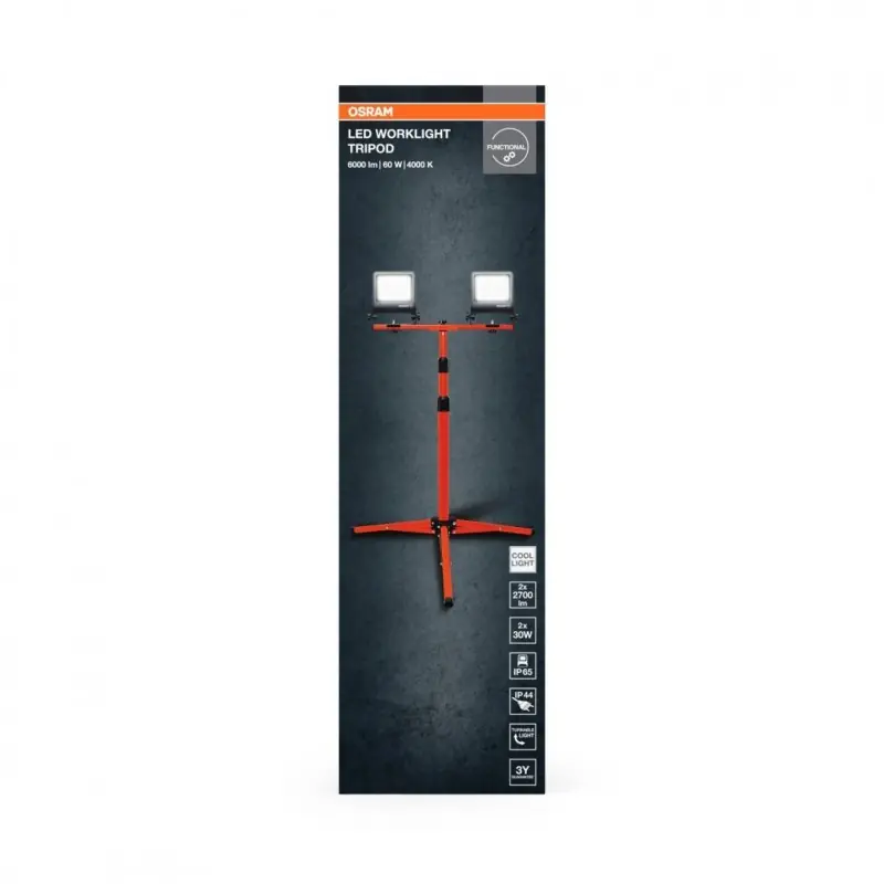 2 Proiectoare LED (lampa de lucru) cu stativ OSRAM Worklight Tripod,2x30W, 220-240V, 2x2700 lm, lumina neutra(4000K), IP65/IK06/ Discount