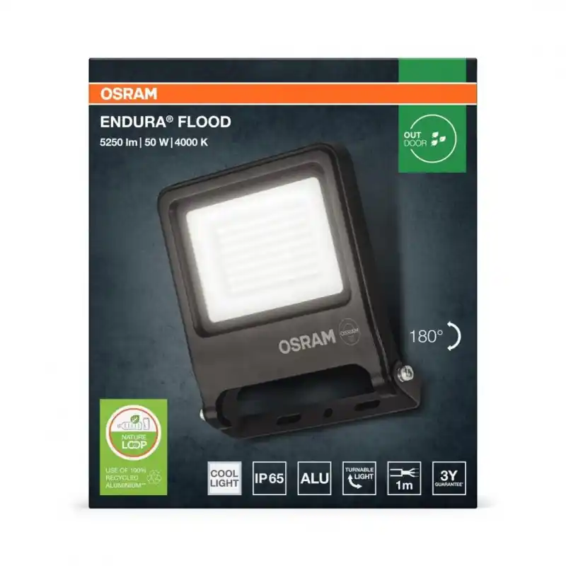 Proiector LED OSRAM ENDURA FLOOD, 50W, 220-240V, 4500 lm, lumina neutra(4000K), IP65, 245x210x43mm, aluminiu, Gri Popular