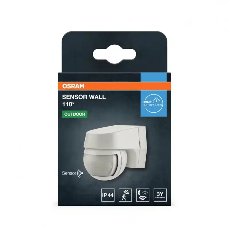 Plată securizată Senzor de lumina si miscare aplicabil pe perete OSRAM SENSOR WALL 110°, 230V, IP44, 60x72x77mm, reglabil 2s - 15min, Alb