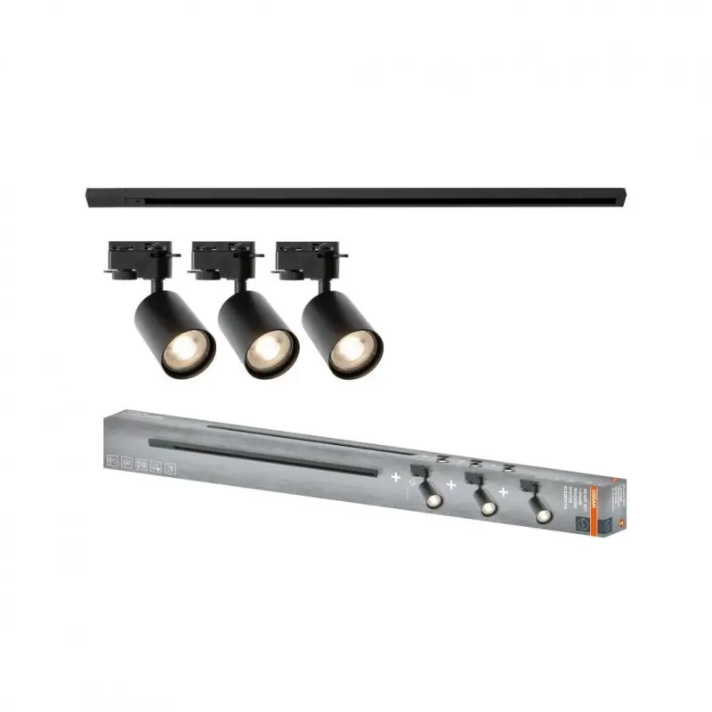 Sistem complet TRACKLIGHT OSRAM Elemental cu 3 proiectoare cu soclu GU10 si 1 sina monofazata de 1 metru, Negru Preferatul clienților