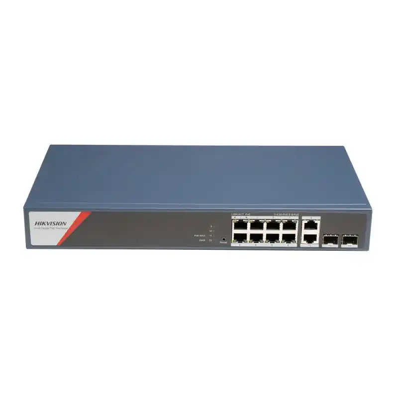 Calitate înaltă Switch PoE Hikvision DS-3E1512HP-SI-8P2T2F: 8 x 10/100/1000 Mbps PoE Ports, 2 × 10/100/1000 Mbps RJ45, 2 x 10/100/1000 Mbps SFP,