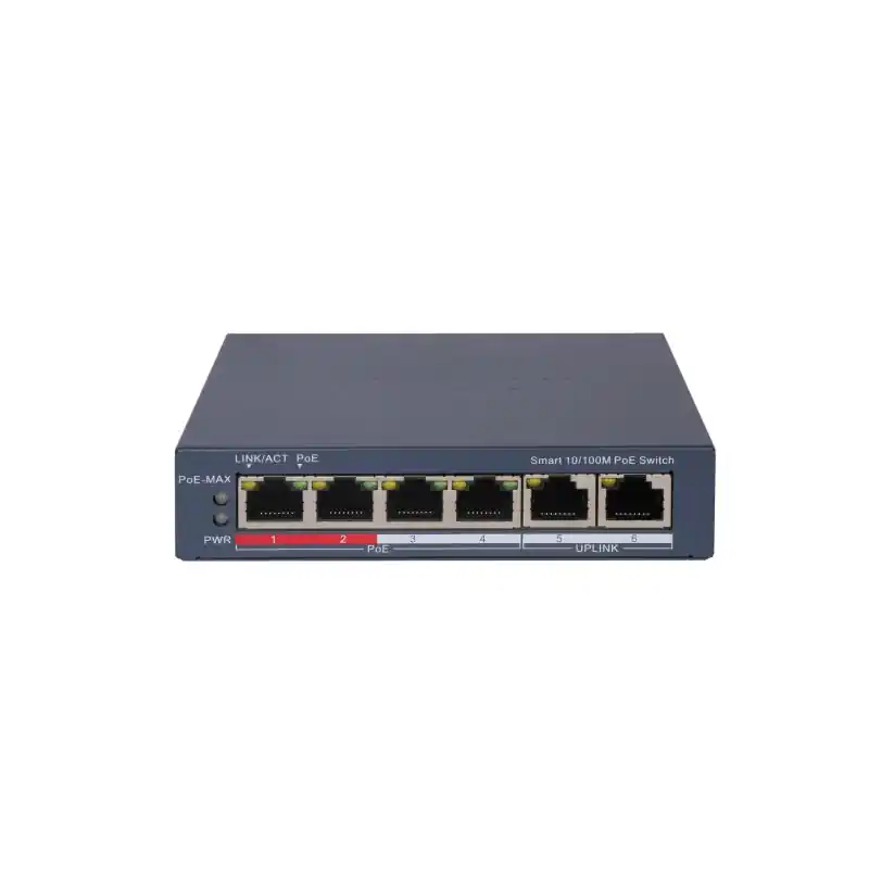 Switch PoE Hikvision DS-3E1106P-EI: 4 × 10/100 Mbps PoE port,2 × 10/100 Mbps RJ45 port, 4 porturi PoE maxim 30W, buget PoE 60W, Expediere rapidă