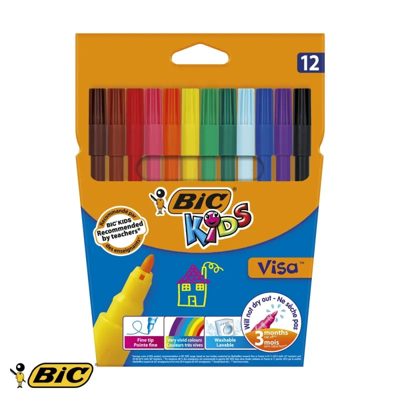 Bestseller Set 12 carioci lavabile Bic Visa, varf subtire, culori intense, pentru copii
