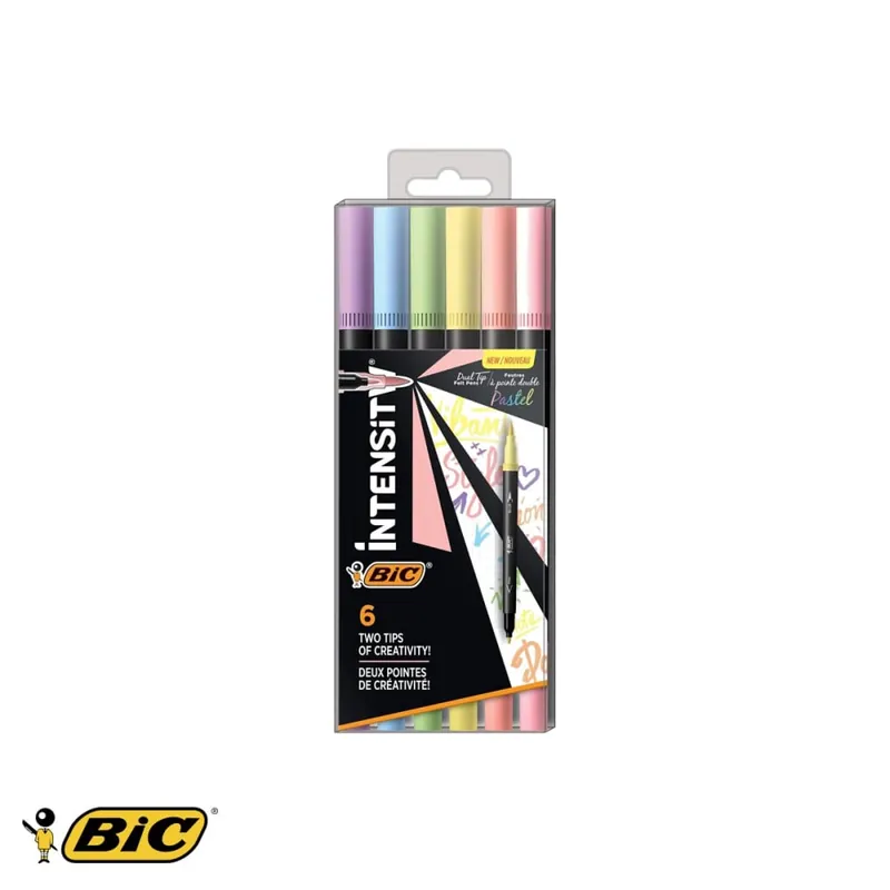 Set 6 carioci Bic Intensity Pastel, varf dublu pensula si fin, culori pastel pentru colorat si desen Promoție