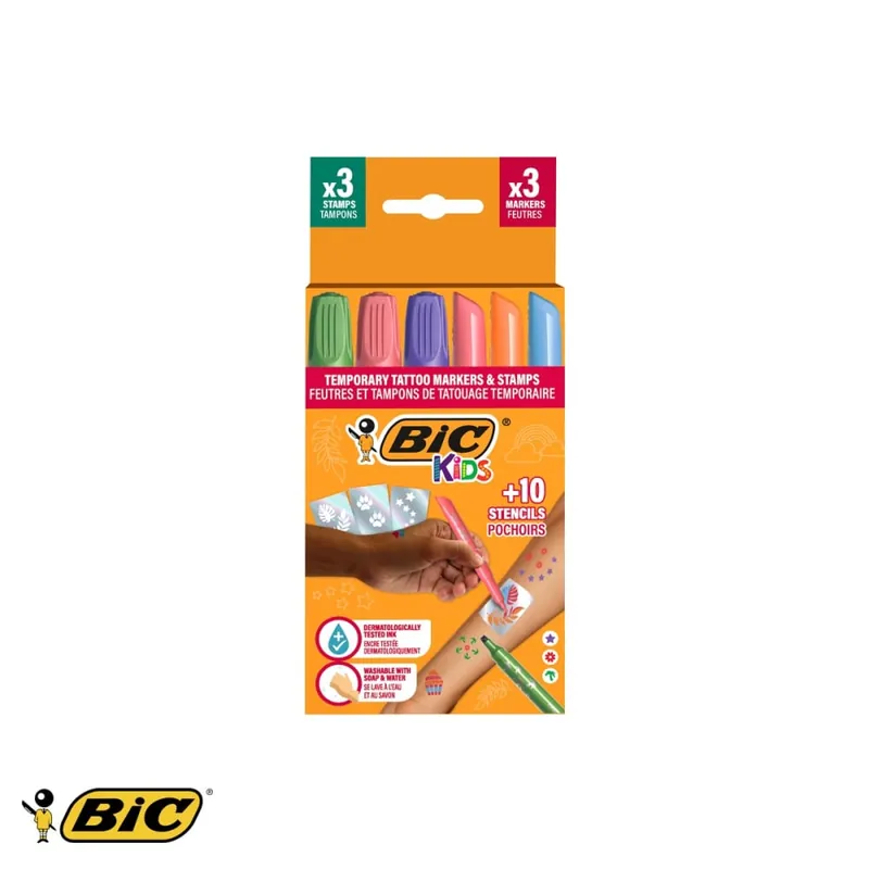 Set markere tatuaje temporare Bic Kids, 3 markere + 3 stampile + 10 sabloane, pentru copii Cumpără acum