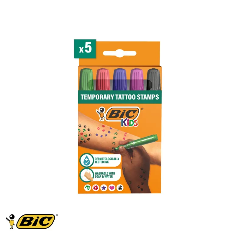 Popular Set 5 markere cu varf tip stampila Bic Kids, cerneala testata dermatologic, pentru tatuaje temporare copii