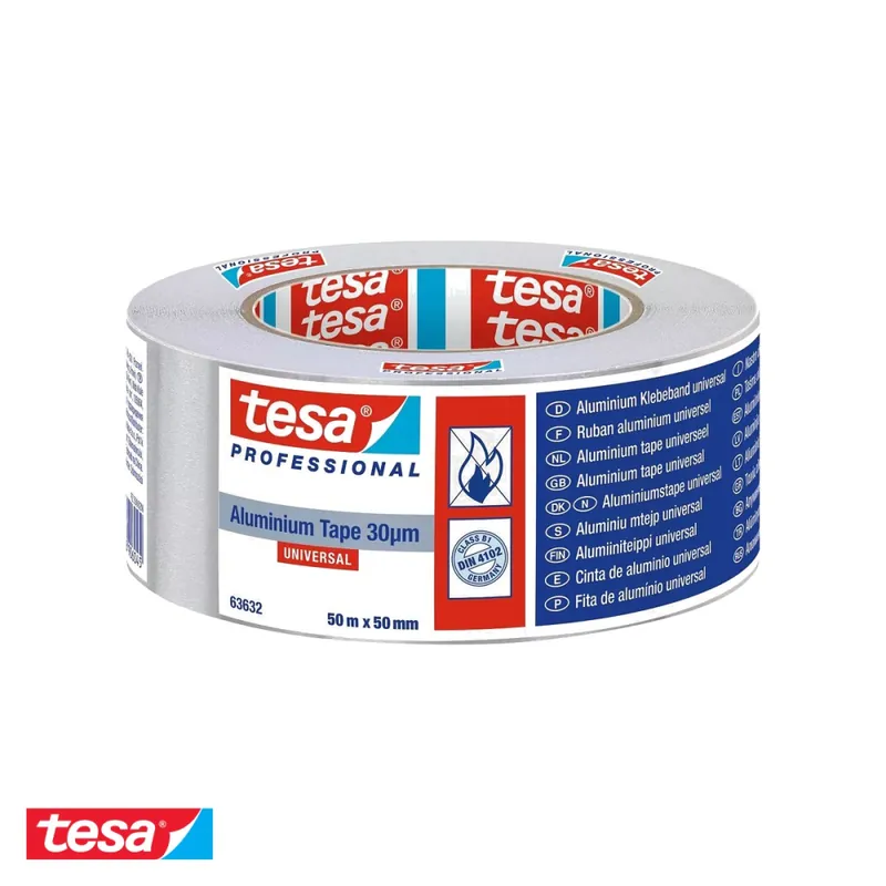 Banda adeziva din aluminiu Tesa Universal 63632, rezistenta termic si ignifuga, 50m x 50mm, pentru etansare si izolatie Premium