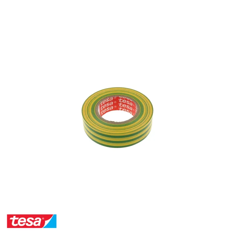 Banda adeziva electroizolatoare Tesa, PVC moale ignifug, galben/verde, 20m x 19mm, pentru izolarea si marcarea cablurilor electrice Preferatul clienților
