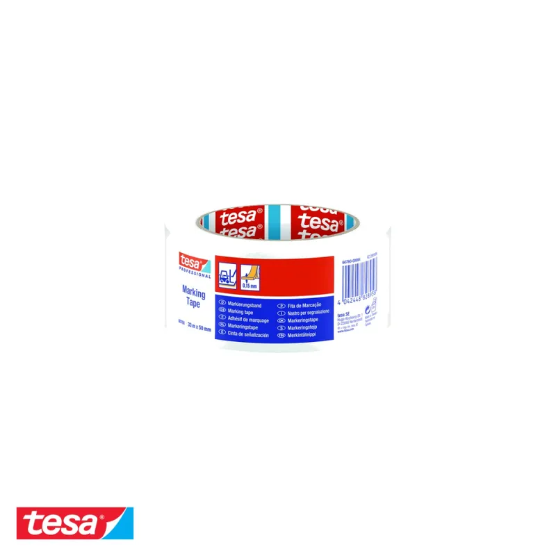 Banda adeziva de marcare alba Tesa, PVC plastifiat, adeziv cauciuc natural, 33m x 50mm, pentru cai de acces si zone restrictive Discount
