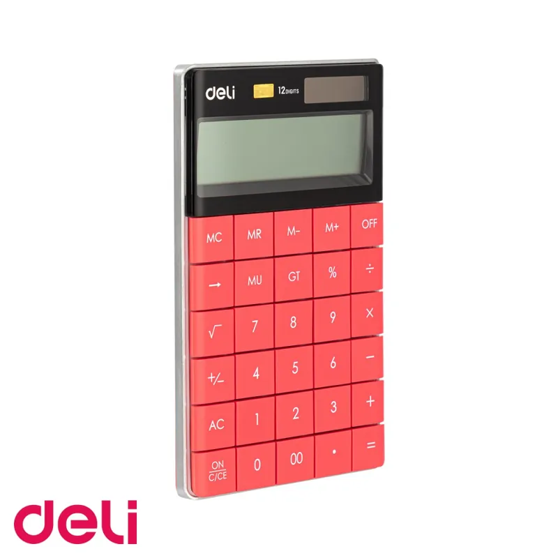 Calculator de birou Deli, 12 digits, display LCD, alimentare dubla, rosu, pentru uz profesional Popular
